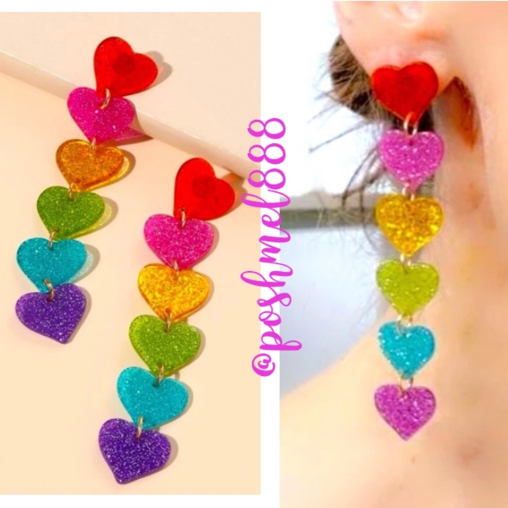 Vibrant❤️🌈Valentine Fun Rainbow Heart Linear Lightweight Statement Earrings
